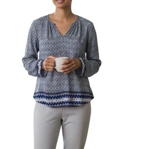 Old Navy Womens Blue Geometric Border Print Rayon Boho Peasant Blouse Large L